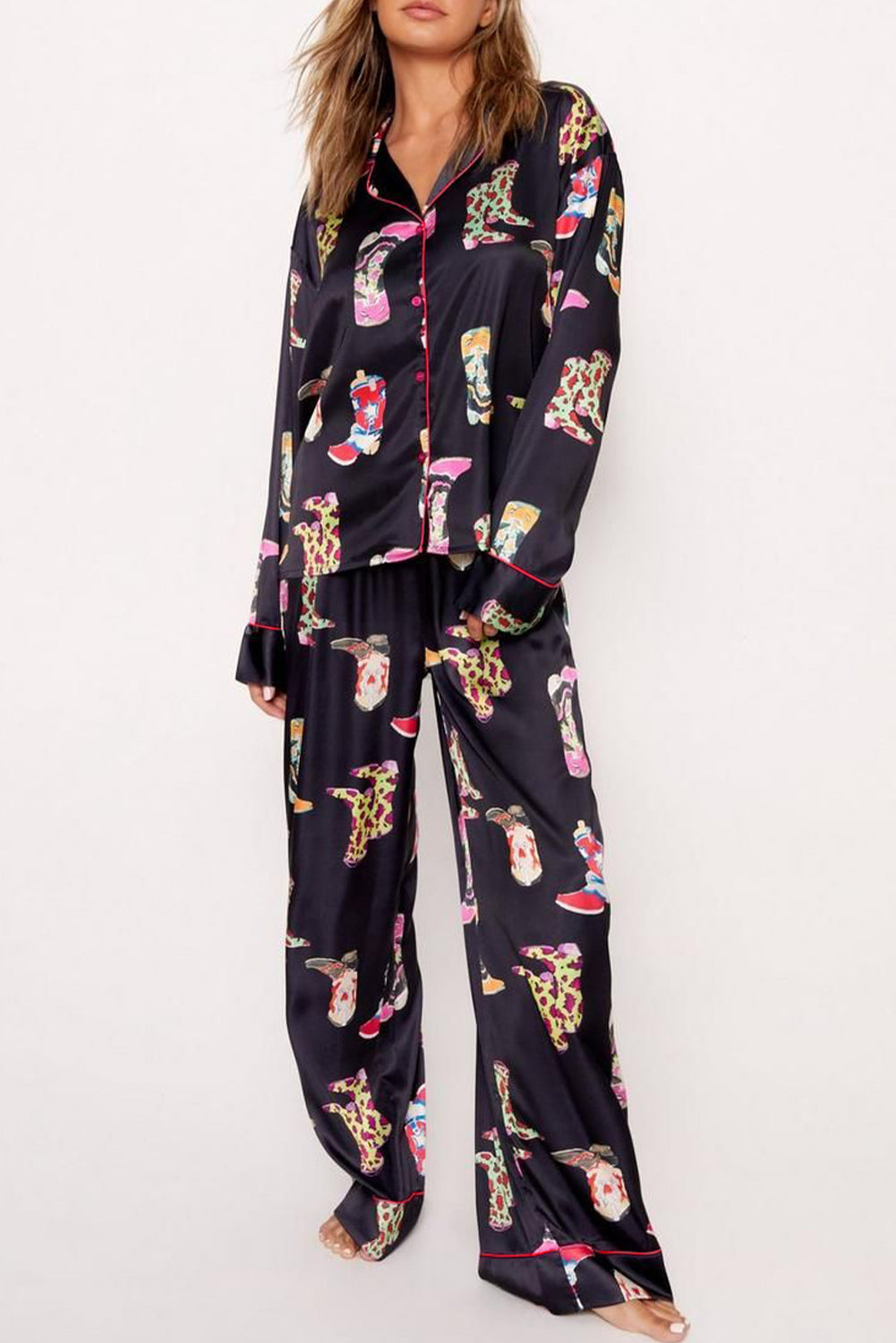 Black Western Cowgirl Boots Printed Satin Long Pajama Set-Loungewear & Sleepwear/Sleepwear-[Adult]-[Female]-Black-S-2022 Online Blue Zone Planet