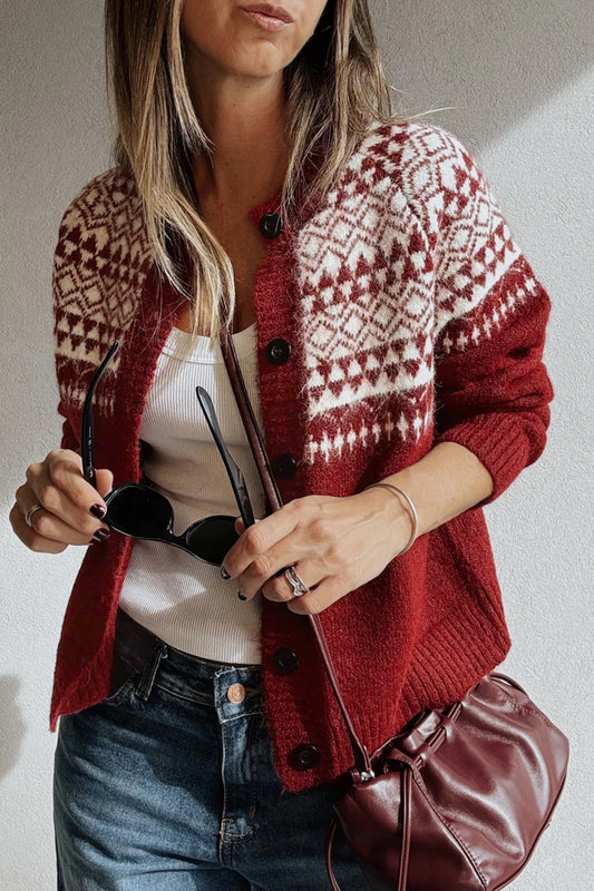 Red Geometric Print Button Front Long Sleeve Knitwear Cardigan-Sweaters & Cardigans/Cardigans-[Adult]-[Female]-Red-S-2022 Online Blue Zone Planet