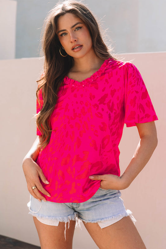 Rose Leopard Frilly V Neck Short Sleeve Blouse-Tops/Blouses & Shirts-[Adult]-[Female]-Rose-S-2022 Online Blue Zone Planet