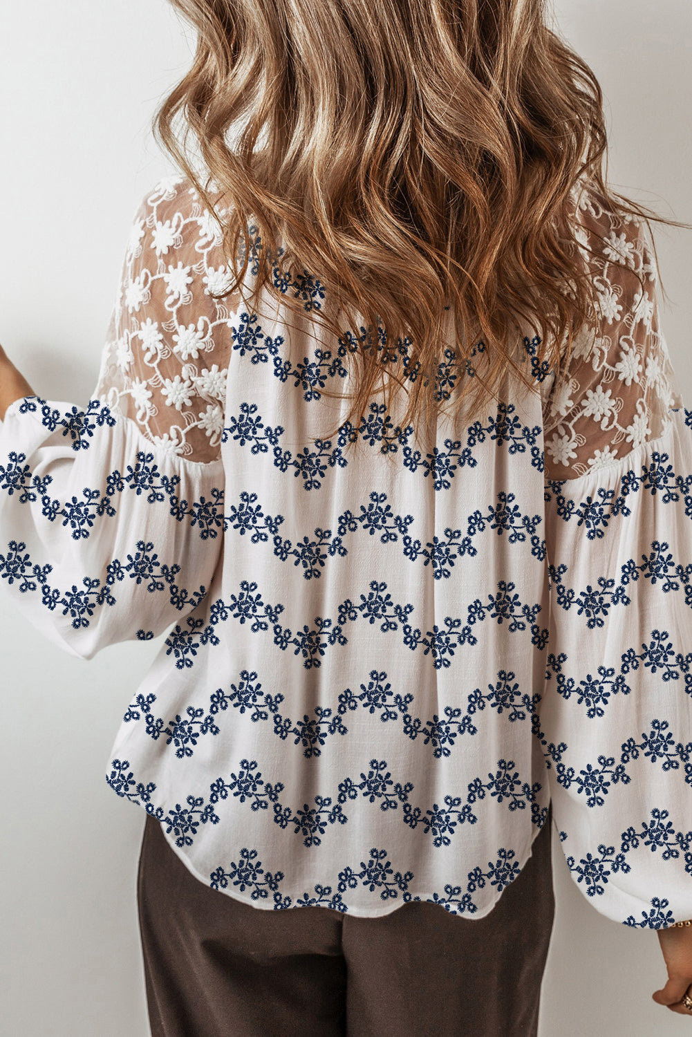 Blue Lace Patchwork Floral Bubble Sleeve V Split Neck Blouse-Tops/Blouses & Shirts-[Adult]-[Female]-2022 Online Blue Zone Planet
