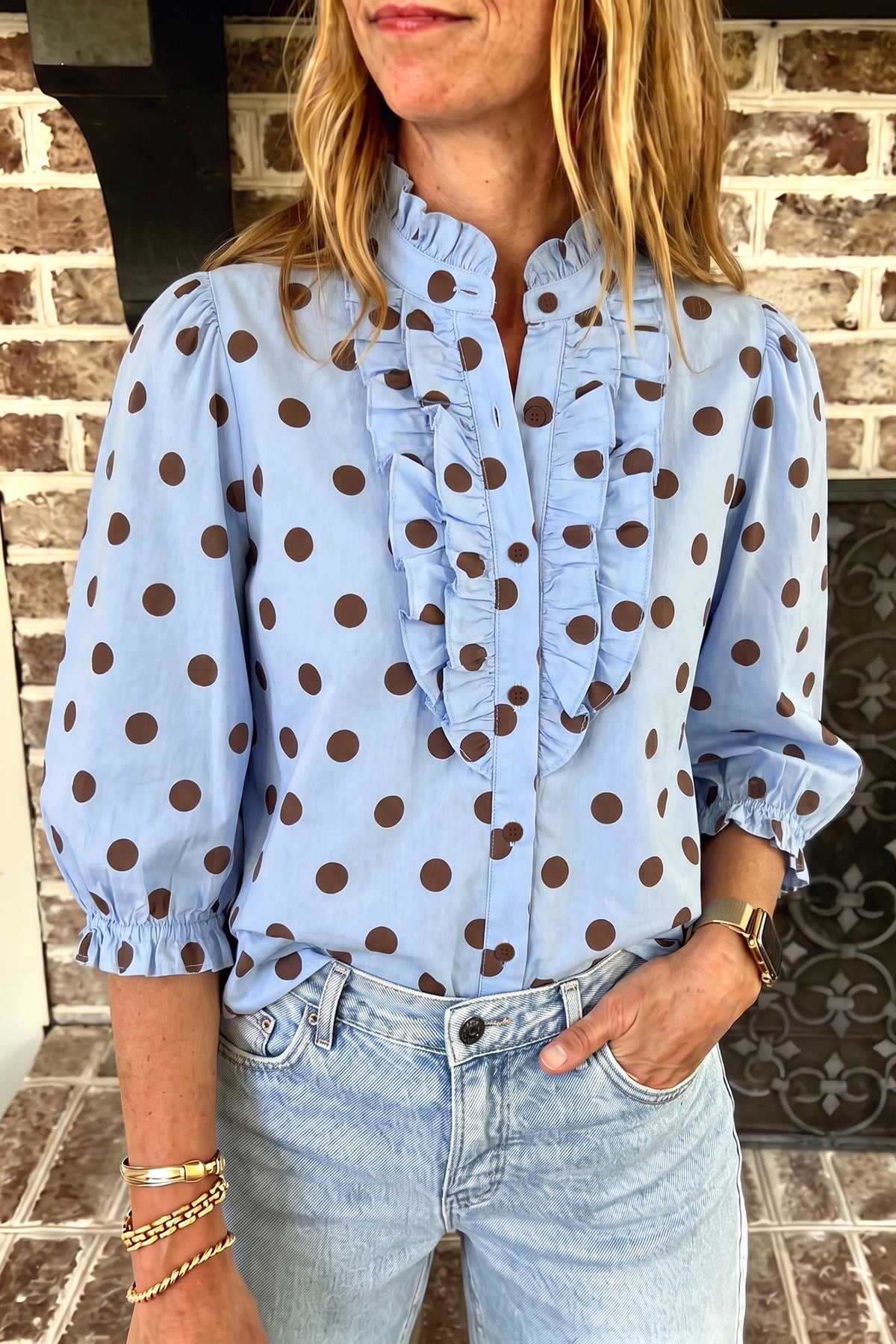 Fiery Red Polka Dot Striped Print Ruffle Stand Neck 3/4 Sleeve Shift Shirt-Tops/Blouses & Shirts-[Adult]-[Female]-2022 Online Blue Zone Planet