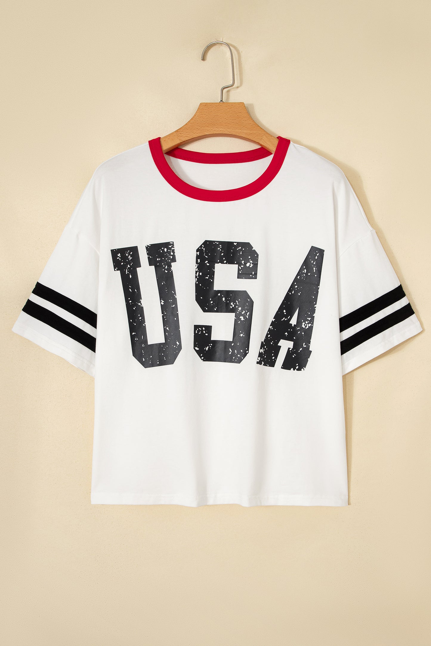 White Usa Letter Printed Varsity Striped Sleeve Round Neck Tee-Tops/Tops & Tees-[Adult]-[Female]-2022 Online Blue Zone Planet