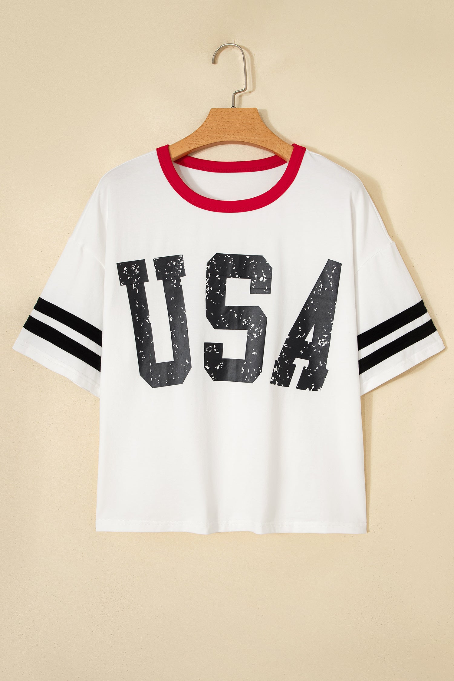 White Usa Letter Printed Varsity Striped Sleeve Round Neck Tee-Tops/Tops & Tees-[Adult]-[Female]-2022 Online Blue Zone Planet