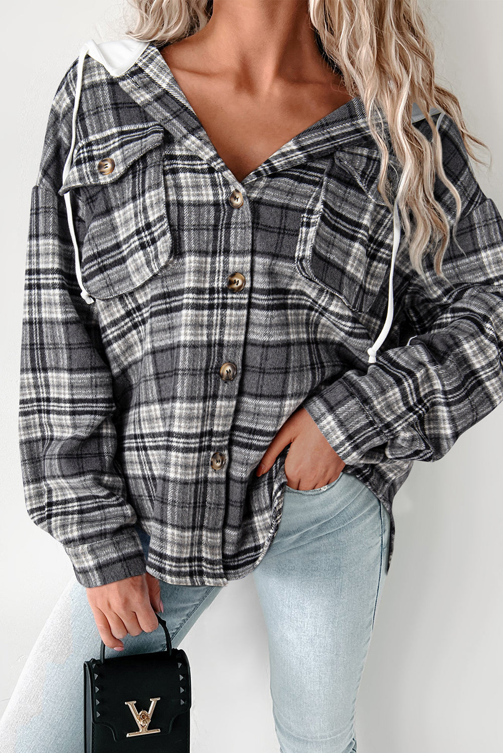 Black Plaid Print Flap Pockets Contrast Hooded Loose Shacket-Outerwear/Plaid Shackets-[Adult]-[Female]-Black-S-2022 Online Blue Zone Planet