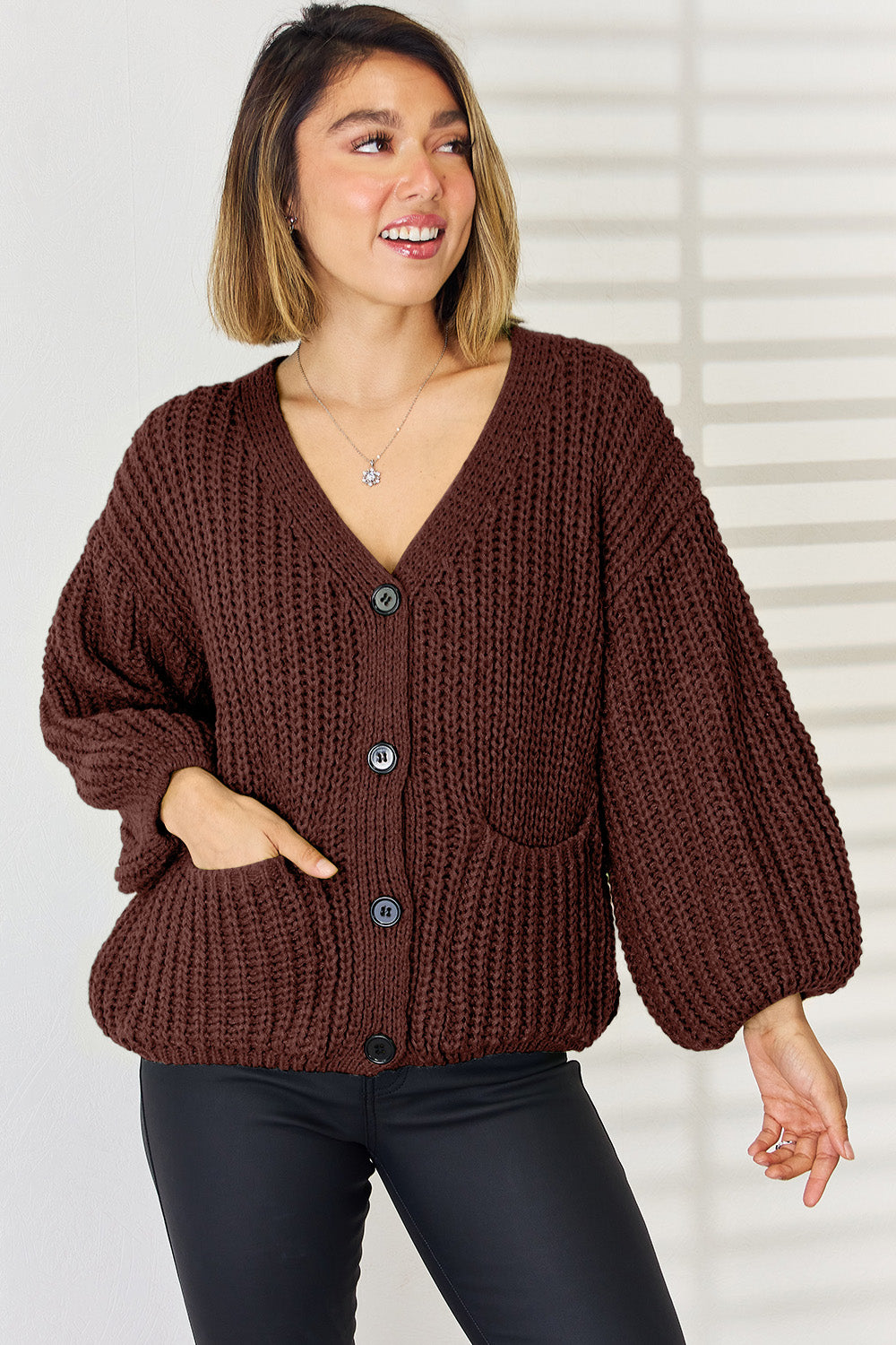 Pocketed Button Up Dropped Shoulder Cardigan-TOPS / DRESSES-[Adult]-[Female]-Chocolate-S-2022 Online Blue Zone Planet