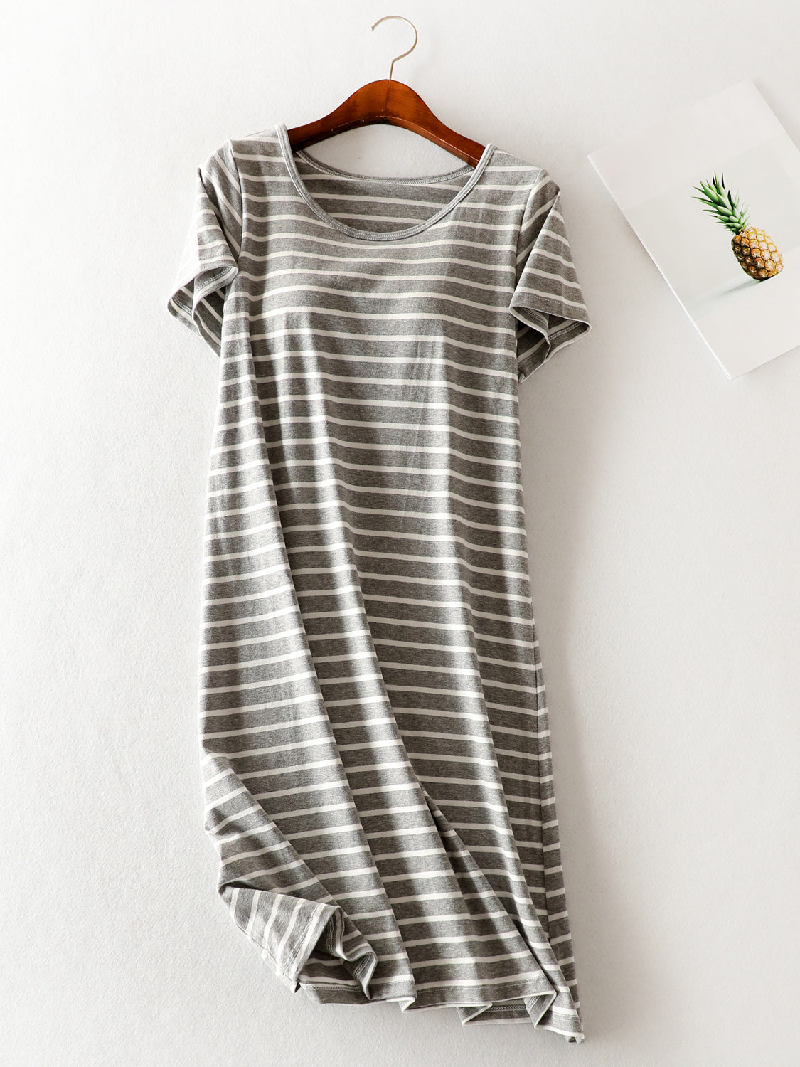 Blue Zone Planet | Striped Round Neck Short Sleeve Dress-TOPS / DRESSES-[Adult]-[Female]-Gray/White-M-2022 Online Blue Zone Planet