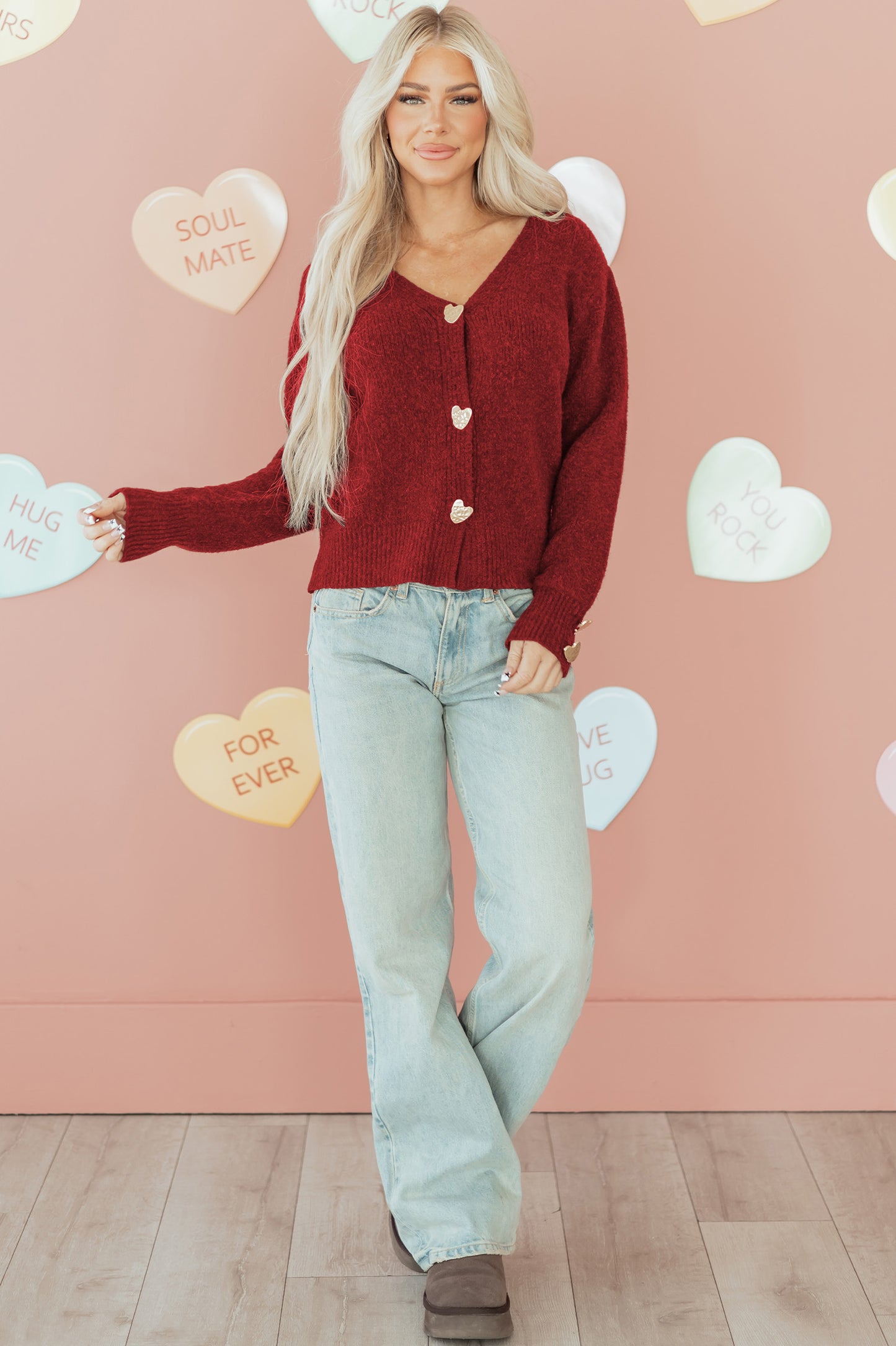 Fiery Red Heart Metal Button V Neck Cardigan Sweater-TOPS / DRESSES-[Adult]-[Female]-2022 Online Blue Zone Planet