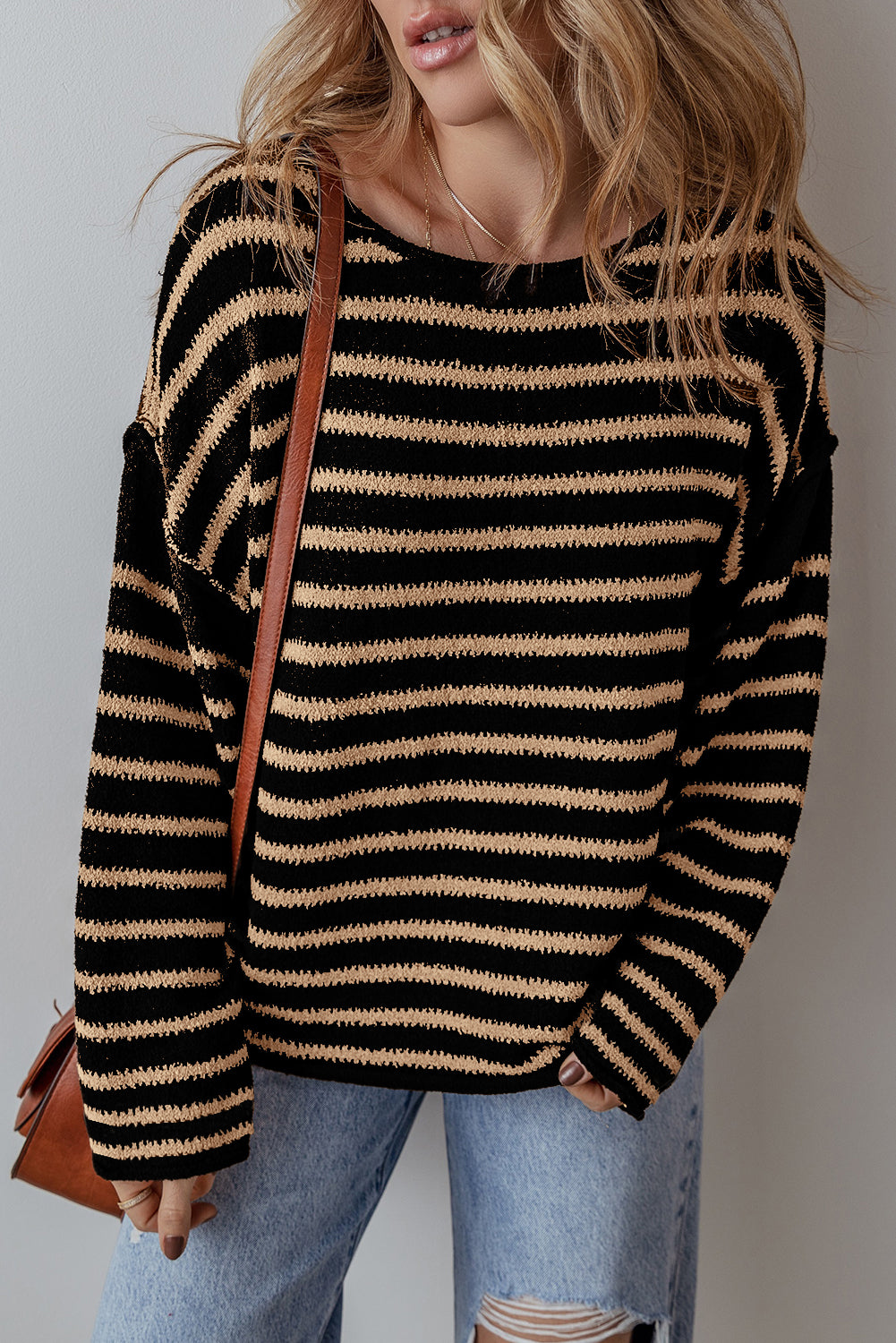 Black Stripe Drop Shoulder Round Neck Loose Sweater-Sweaters & Cardigans/Sweaters-[Adult]-[Female]-Black Stripe-S-2022 Online Blue Zone Planet