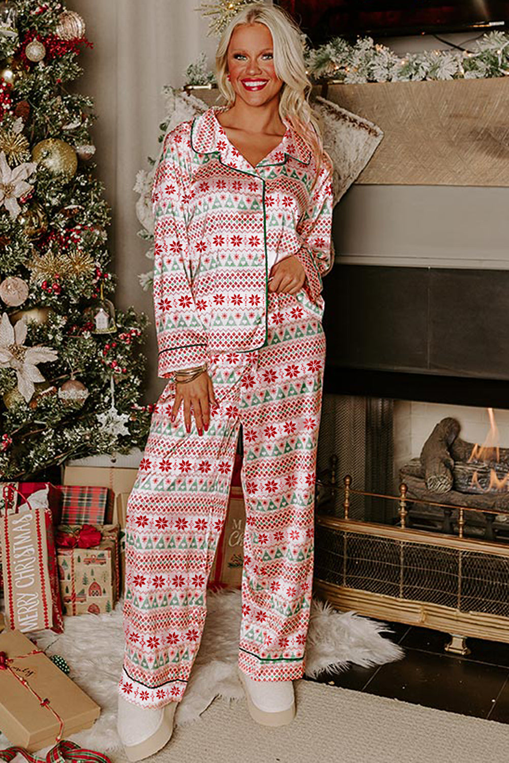 White Christmas Pattern Print Shirt Style Long 2pcs Pajama Set-Loungewear Set-[Adult]-[Female]-2022 Online Blue Zone Planet