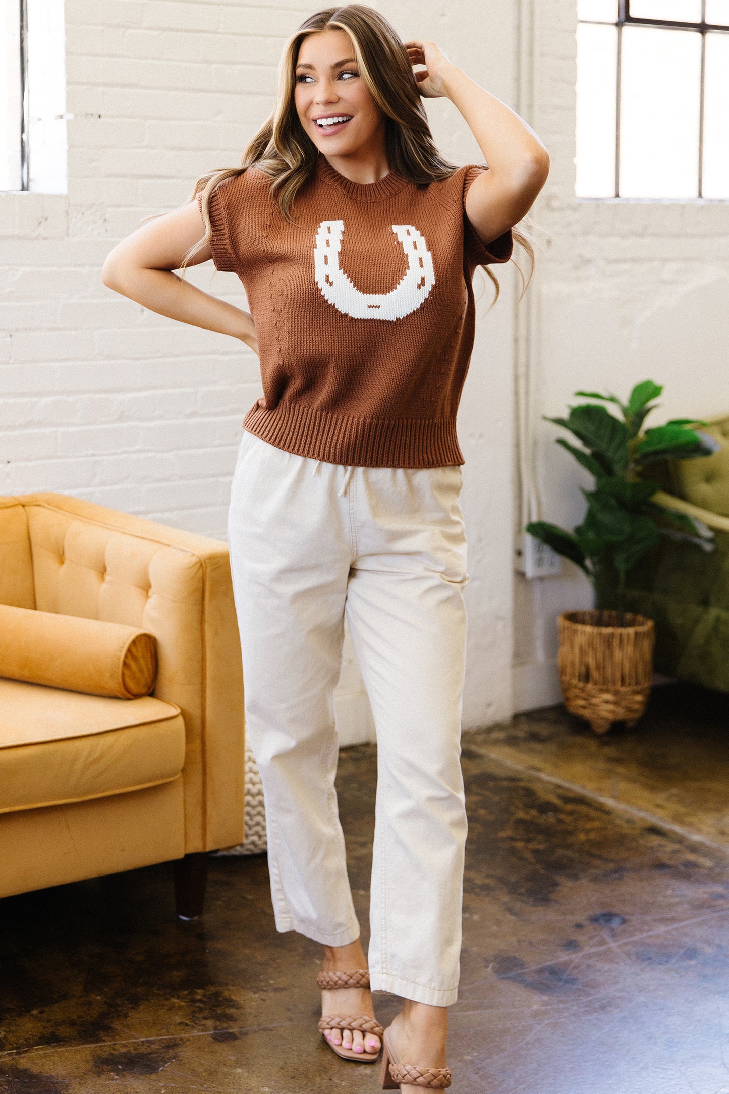 Chestnut Western Horseshoe Pattern Short Sleeve Knit Sweater-TOPS / DRESSES-[Adult]-[Female]-2022 Online Blue Zone Planet