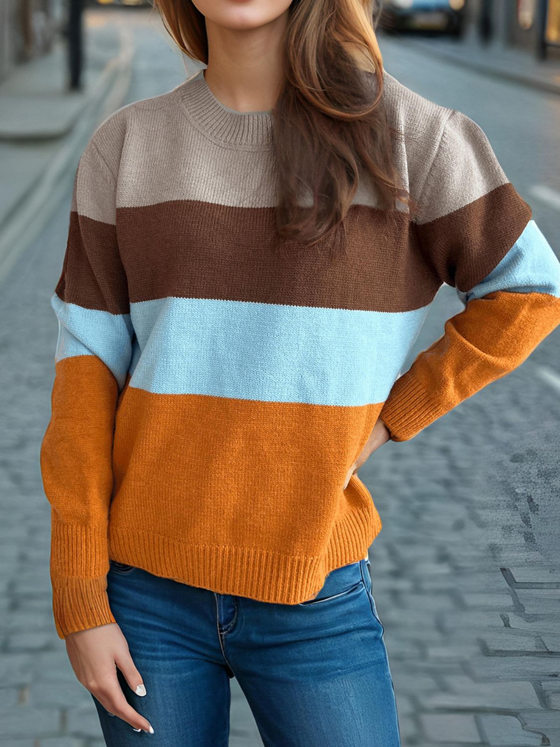 Blue Zone Planet | Color Block Round Neck Long Sleeve Sweater-TOPS / DRESSES-[Adult]-[Female]-2022 Online Blue Zone Planet