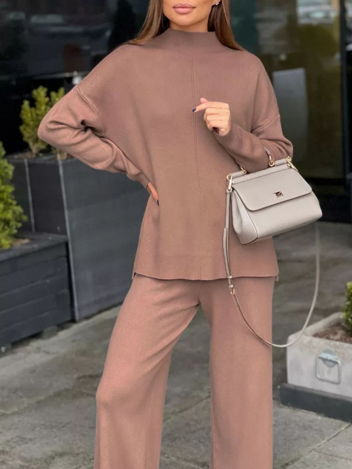 Slit Mock Neck Top and Pants Sweater Set-TOPS / DRESSES-[Adult]-[Female]-Ochre-S-2022 Online Blue Zone Planet