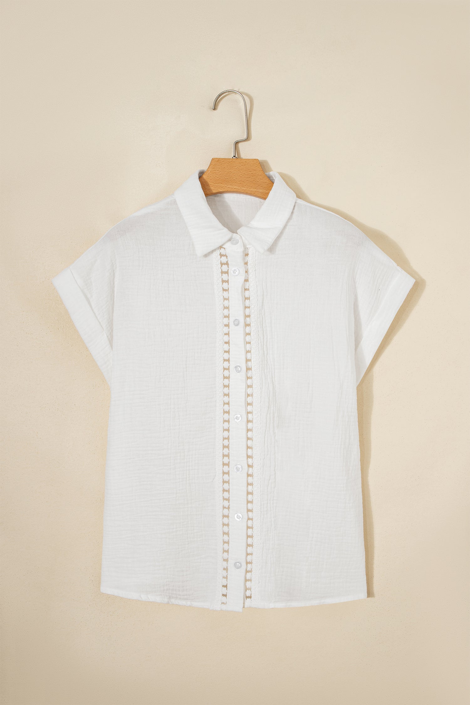 White Lace Trim Cuffed Short Sleeve Textured Shirt-Tops/Blouses & Shirts-[Adult]-[Female]-2022 Online Blue Zone Planet