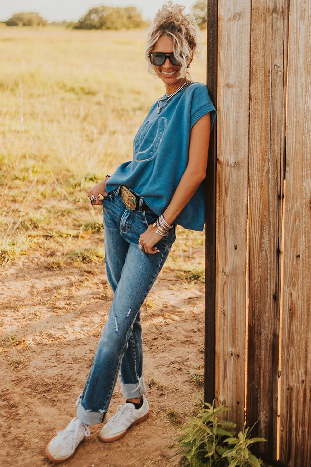 Light Blue Horse Shoe Embroidered Loose Short Sleeve Sweater-TOPS / DRESSES-[Adult]-[Female]-2022 Online Blue Zone Planet