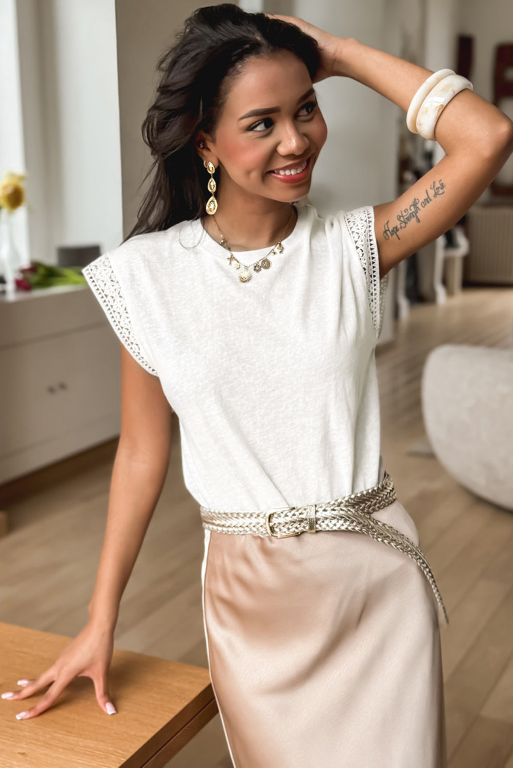 White Lace Patchwork Cap Sleeve Round Neck T Shirt-Tops/Tops & Tees-[Adult]-[Female]-2022 Online Blue Zone Planet