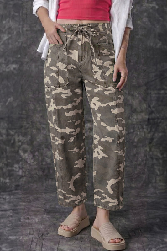 Green Leopard Printed Drawstring Elastic Waistband Pocketed Barrel Jeans-Bottoms/Jeans-[Adult]-[Female]-Green-S-2022 Online Blue Zone Planet