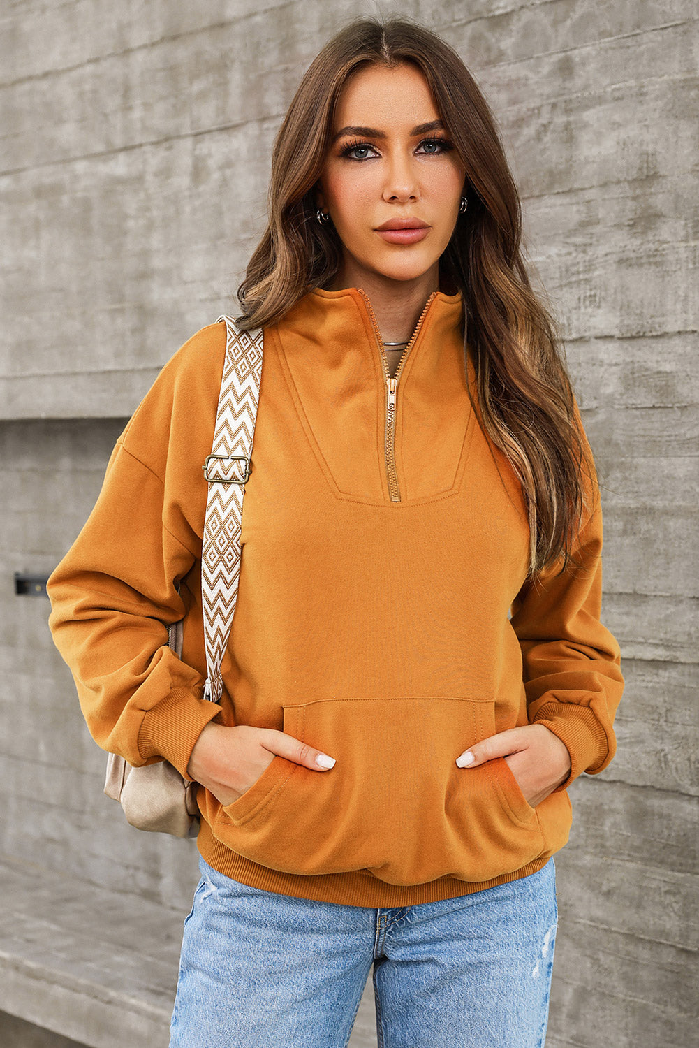 Quarter Zip Dropped Shoulder Sweatshirt-TOPS / DRESSES-[Adult]-[Female]-Caramel-S-2022 Online Blue Zone Planet