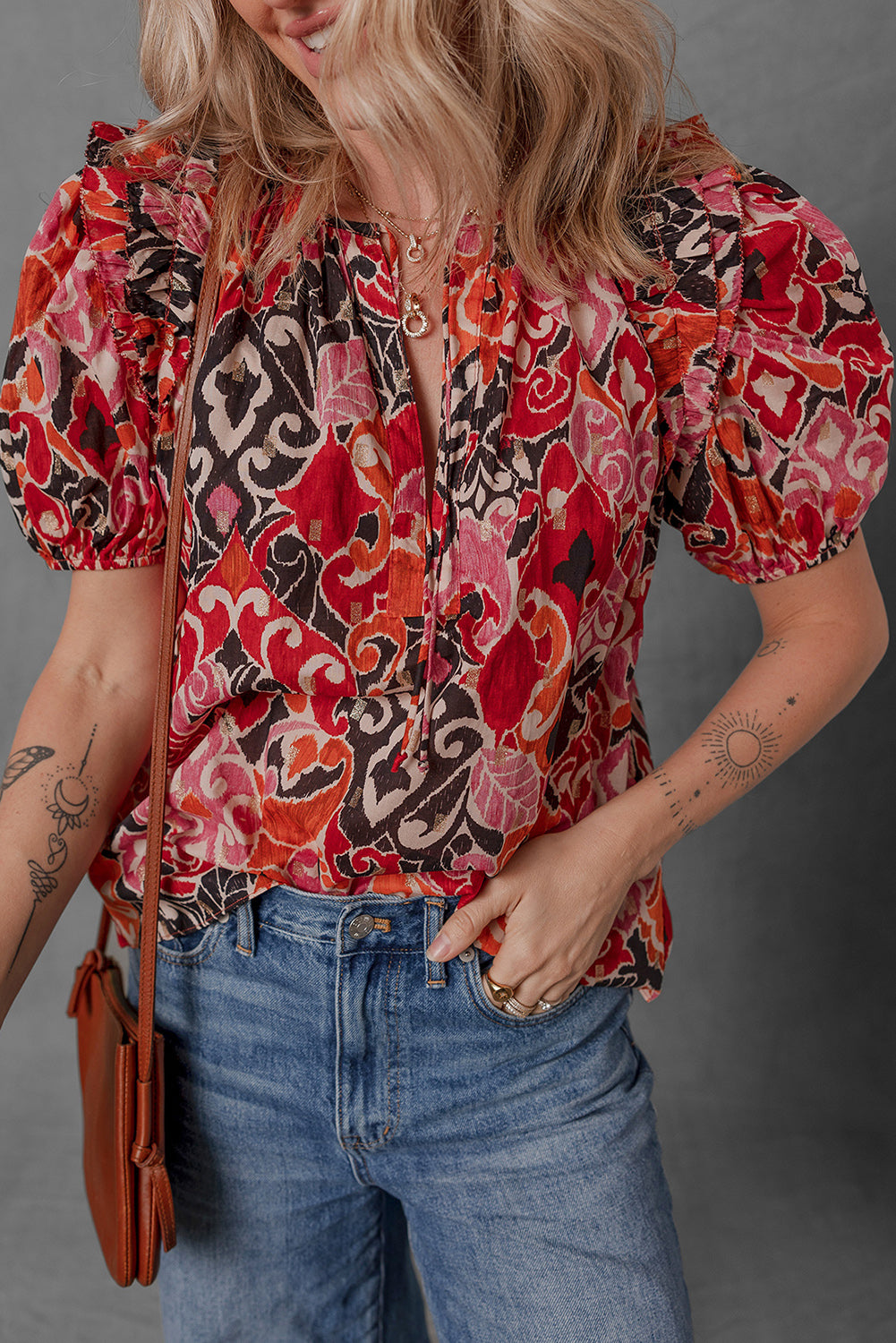 Red Ethnic Print Split Neck Short Puff Sleeve Blouse-Tops/Blouses & Shirts-[Adult]-[Female]-Red-S-2022 Online Blue Zone Planet