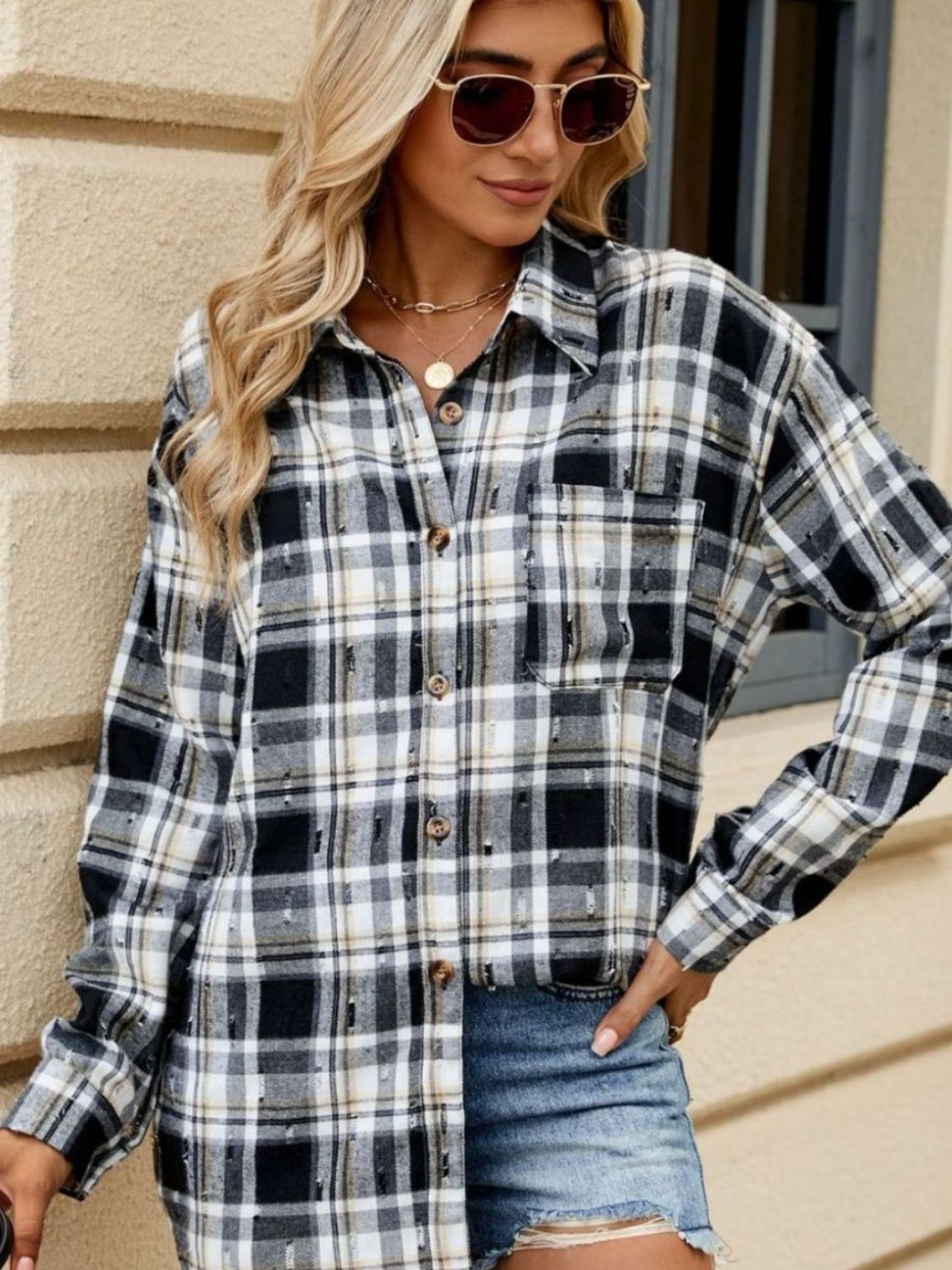 Plaid Button Up Long Sleeve Shirt-TOPS / DRESSES-[Adult]-[Female]-2022 Online Blue Zone Planet