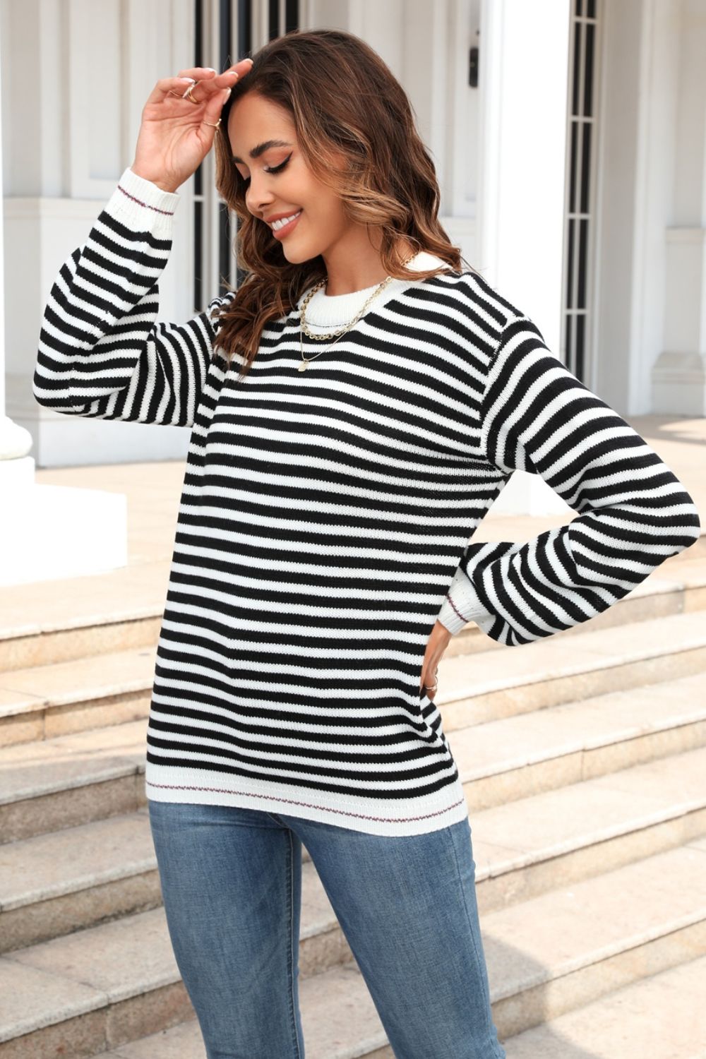 Angel Wings Striped Round Neck Dropped Shoulder Sweater-TOPS / DRESSES-[Adult]-[Female]-2022 Online Blue Zone Planet