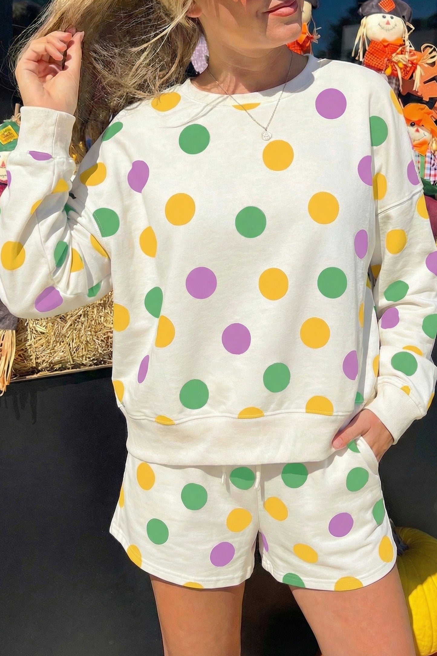 Multicolour Polka Dot Print Drop Shoulder Pullover Drawstring Shorts Set-Two Piece Sets/Short Sets-[Adult]-[Female]-Multicolour-S-2022 Online Blue Zone Planet