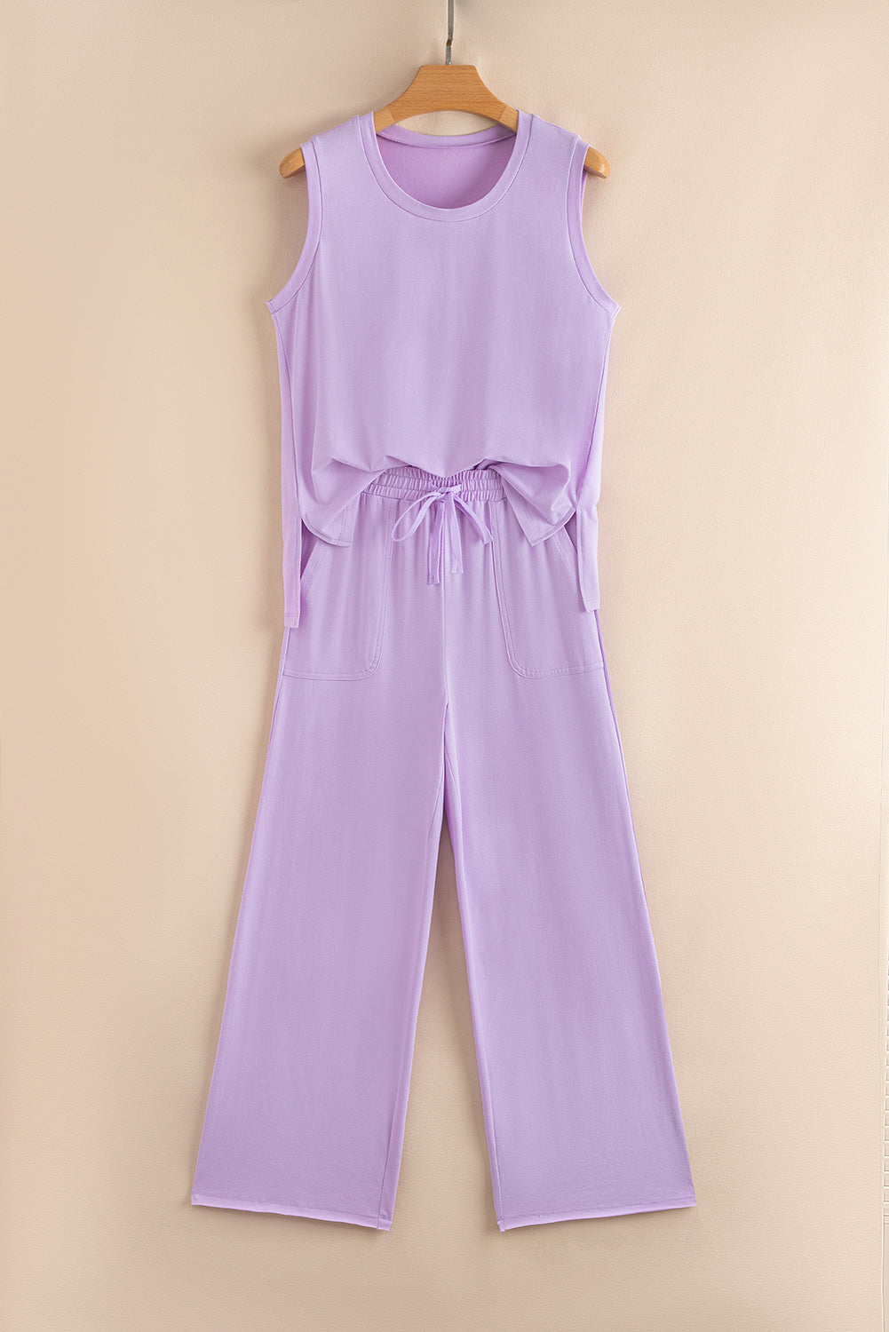 Orchid Petal Mineral Wash Casual Round Neck Tank and Straight Loose Drawstring Pants Set-Two Piece Sets/Pant Sets-[Adult]-[Female]-2022 Online Blue Zone Planet