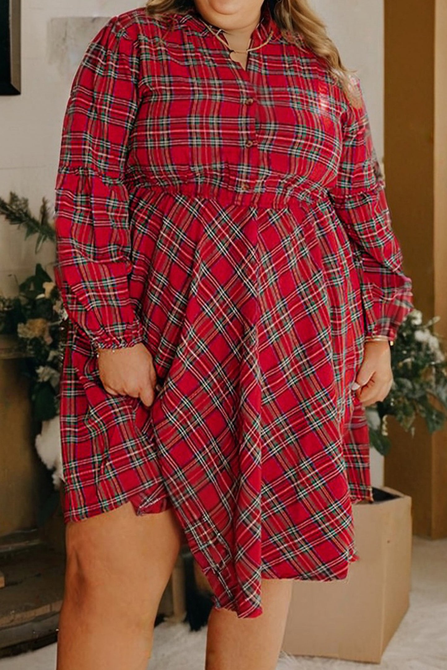 Red Plus Size Plaid Half Button Long Sleeve Holiday Dress-TOPS / DRESSES-[Adult]-[Female]-2022 Online Blue Zone Planet