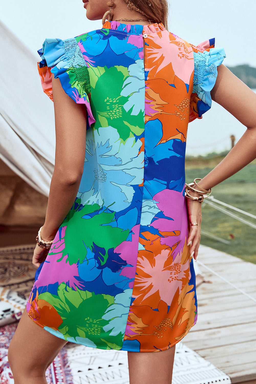 Blue Bold Floral Flutter Sleeve Shift Mini Dress with Pockets-Dresses/Floral Dresses-[Adult]-[Female]-2022 Online Blue Zone Planet