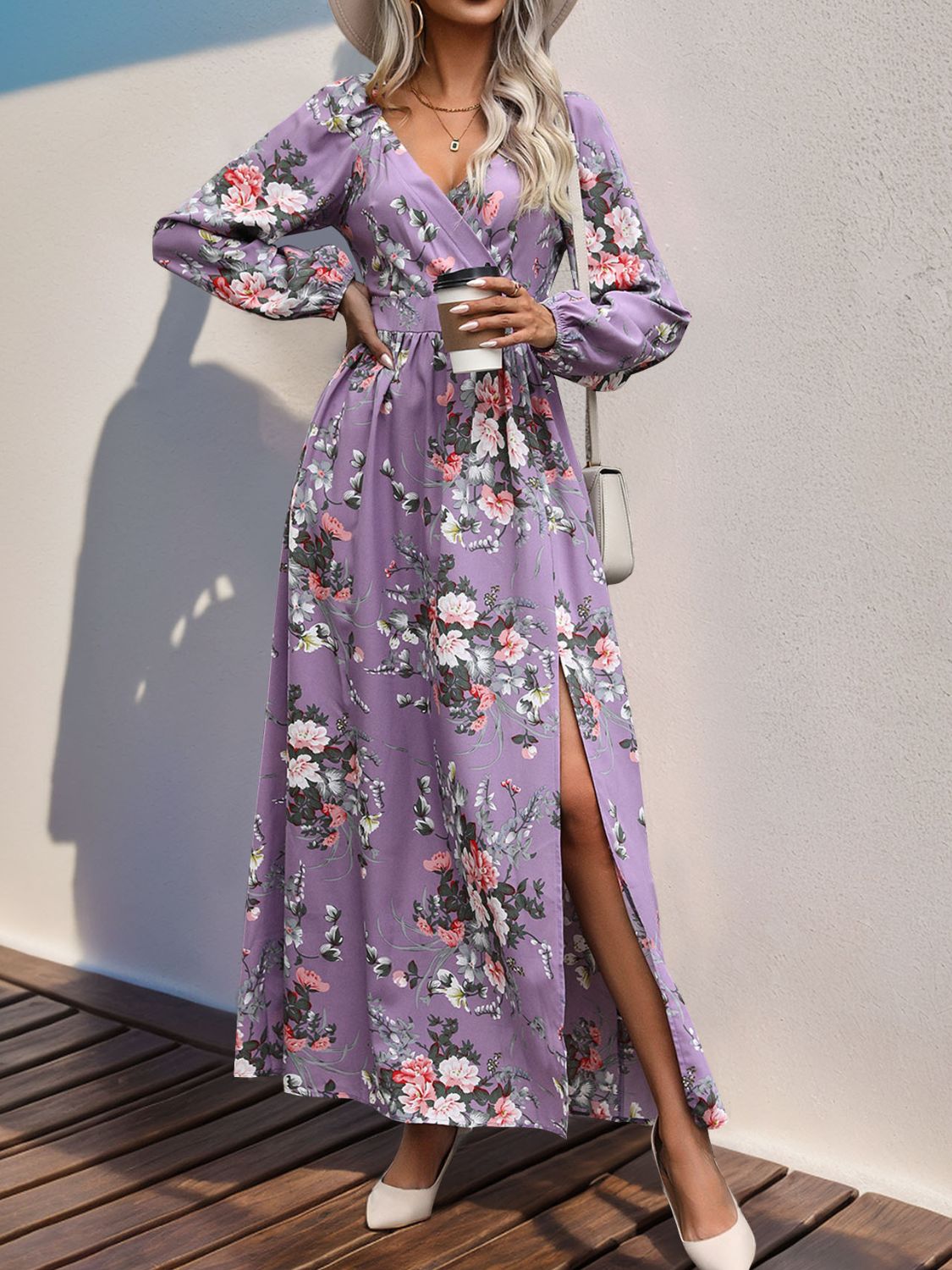 Slit Printed Surplice Long Sleeve Maxi Dress-TOPS / DRESSES-[Adult]-[Female]-Lavender-S-2022 Online Blue Zone Planet