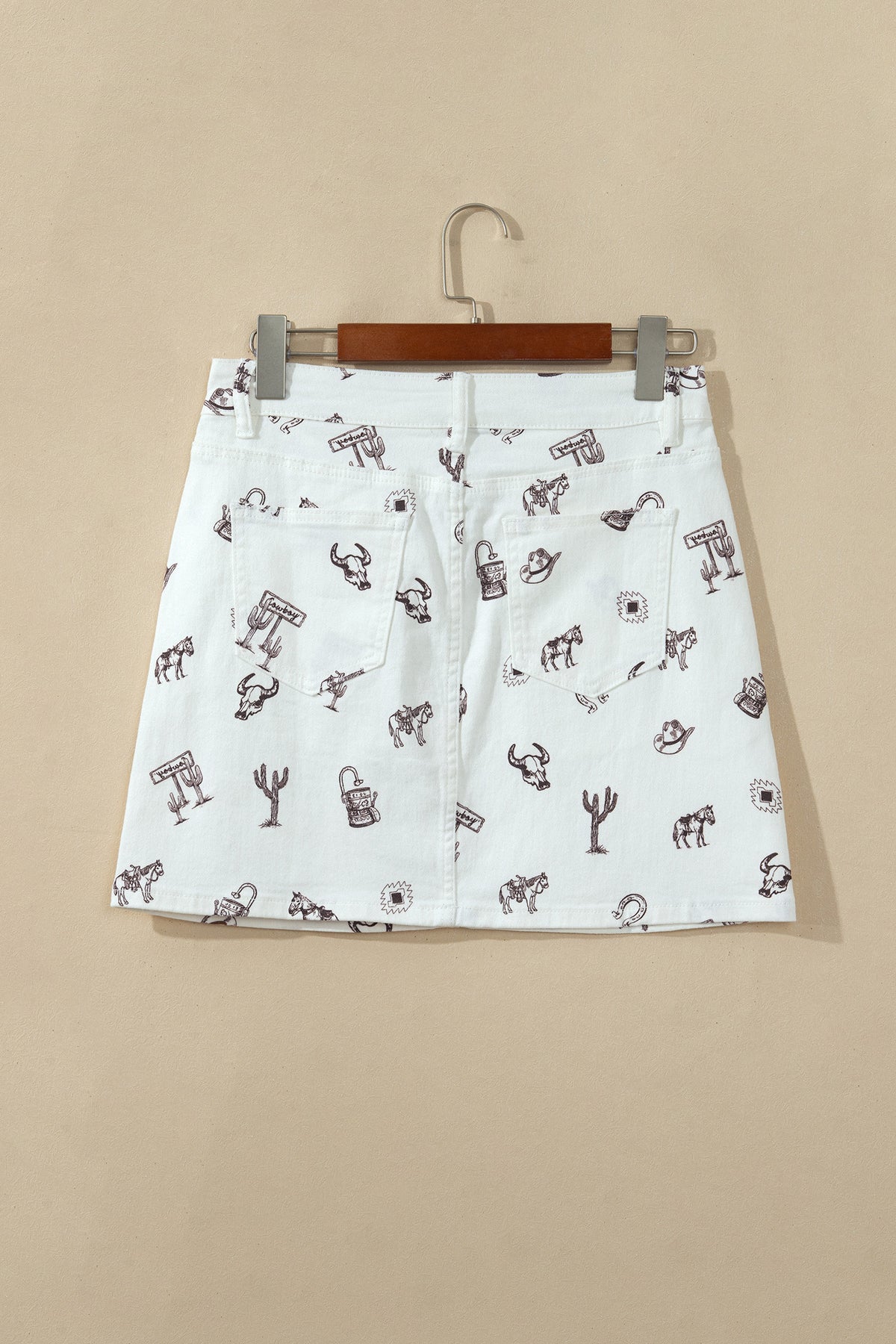 White Western Print Cactus Horse Bull Denim Skirt-Bottoms/Skirts & Petticoat-[Adult]-[Female]-2022 Online Blue Zone Planet