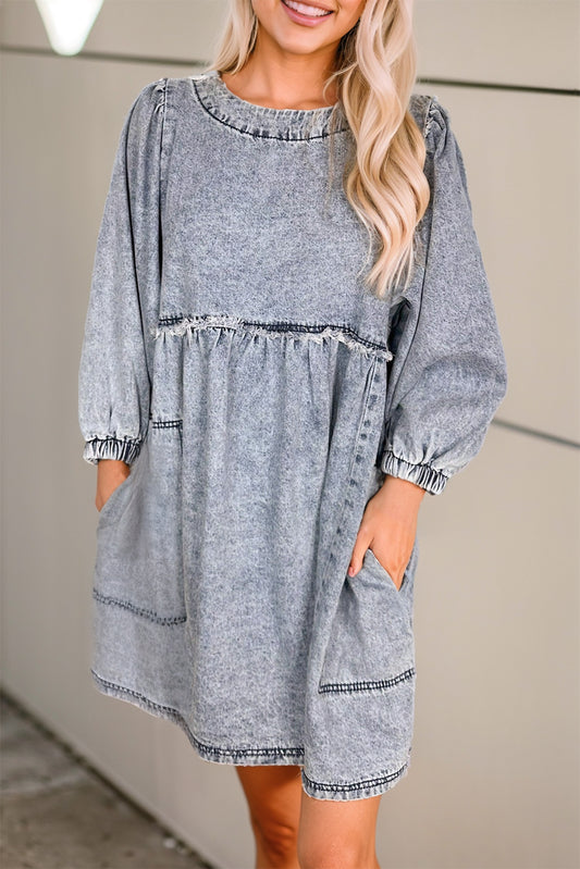 Round Neck Long Sleeve Denim Dress-TOPS / DRESSES-[Adult]-[Female]-Gray-S-2022 Online Blue Zone Planet