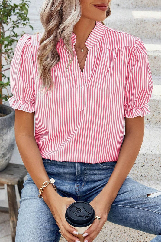 Pink Stripe Notched Neck Frilled Short Puff Sleeve Blouse-Tops/Blouses & Shirts-[Adult]-[Female]-Pink Stripe-S-2022 Online Blue Zone Planet
