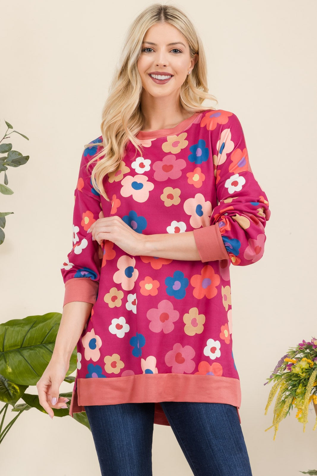 Blue Zone Planet | Celeste Full Size Side Slit Flower Print Long Sleeve Top-TOPS / DRESSES-[Adult]-[Female]-2022 Online Blue Zone Planet