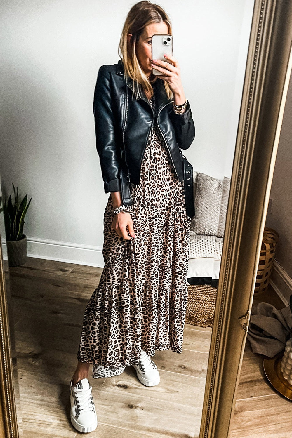 Leopard Notched Long Sleeve Maxi Dress-TOPS / DRESSES-[Adult]-[Female]-2022 Online Blue Zone Planet
