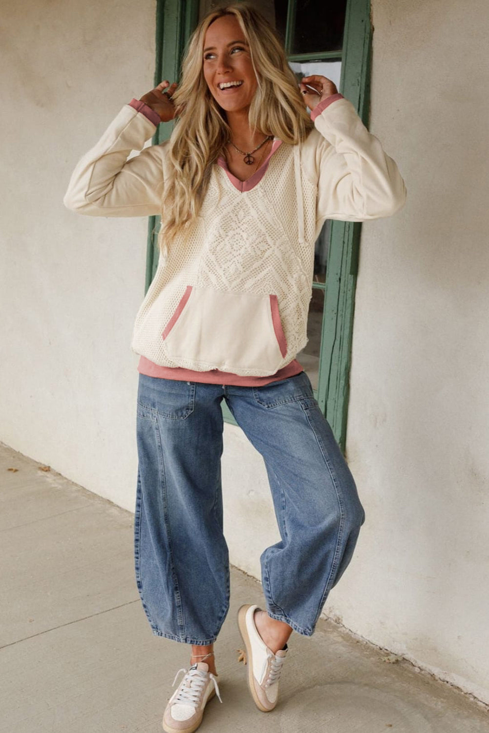 White Contrast Trim Crochet Knit Patchwork Exposed Seam Hoodie-Tops/Sweatshirts & Hoodies-[Adult]-[Female]-2022 Online Blue Zone Planet
