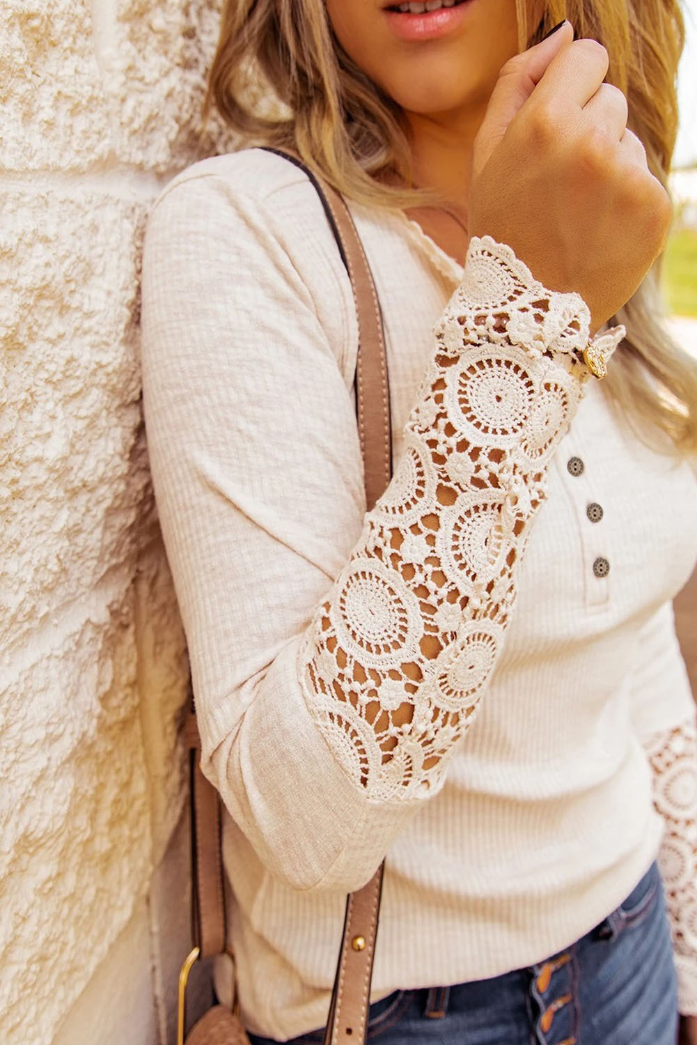 Beige Crochet Lace Hem Sleeve Button Top-Tops/Long Sleeve Tops-[Adult]-[Female]-2022 Online Blue Zone Planet