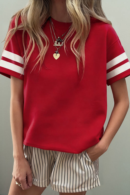 Dark Blue Varsity Striped Short Sleeve Crew Neck T Shirt-Tops/Tops & Tees-[Adult]-[Female]-Fiery Red-S-2022 Online Blue Zone Planet