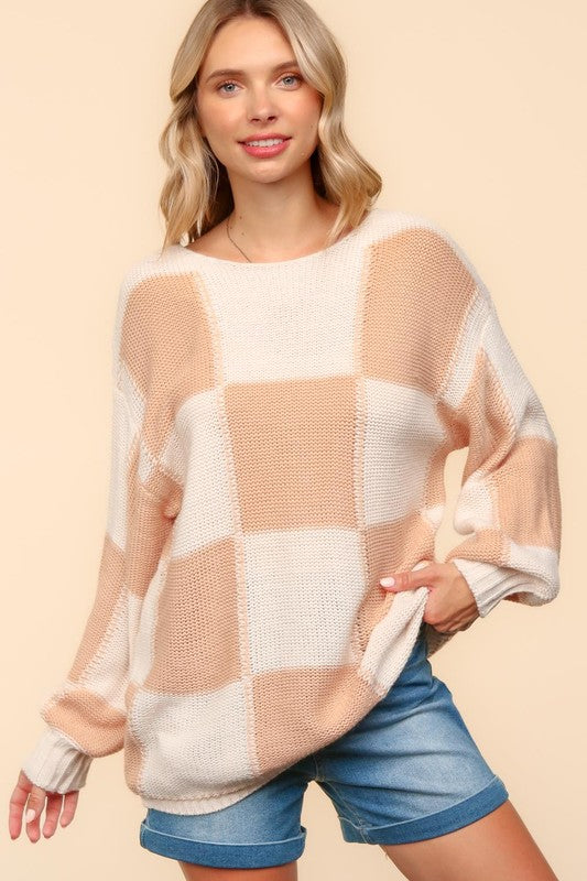 Blue Zone Planet | Haptics Full Size Checkered Round Neck Drop Shoulder Sweater-TOPS / DRESSES-[Adult]-[Female]-Apricot-S-2022 Online Blue Zone Planet