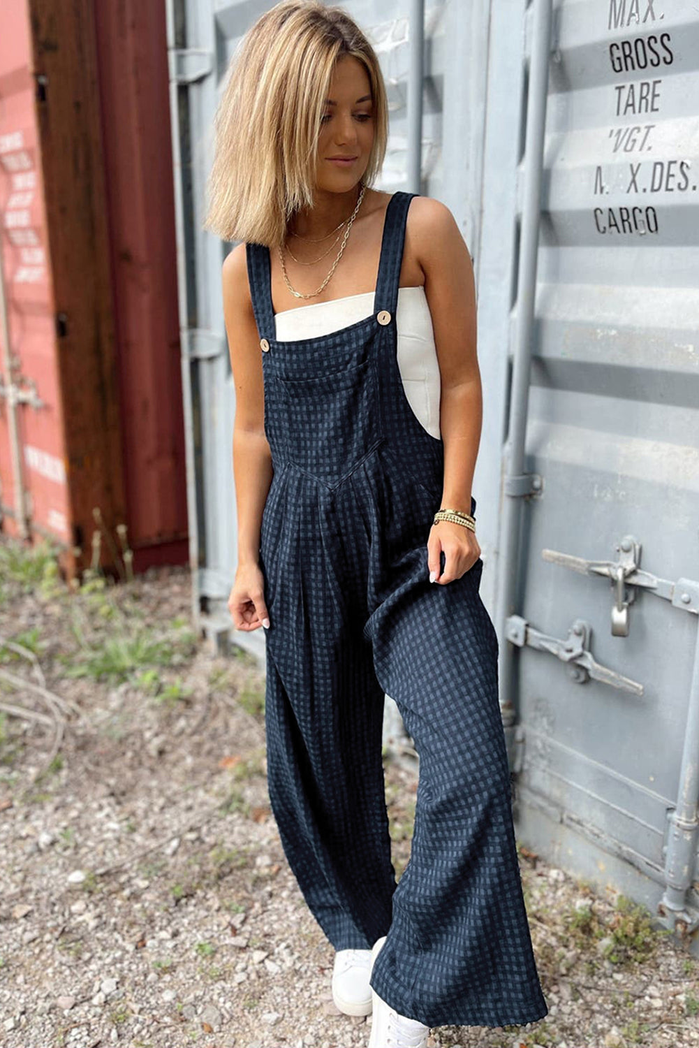 Blue Zone Planet | Plaid Wide Strap Wide Leg Overalls-TOPS / DRESSES-[Adult]-[Female]-2022 Online Blue Zone Planet