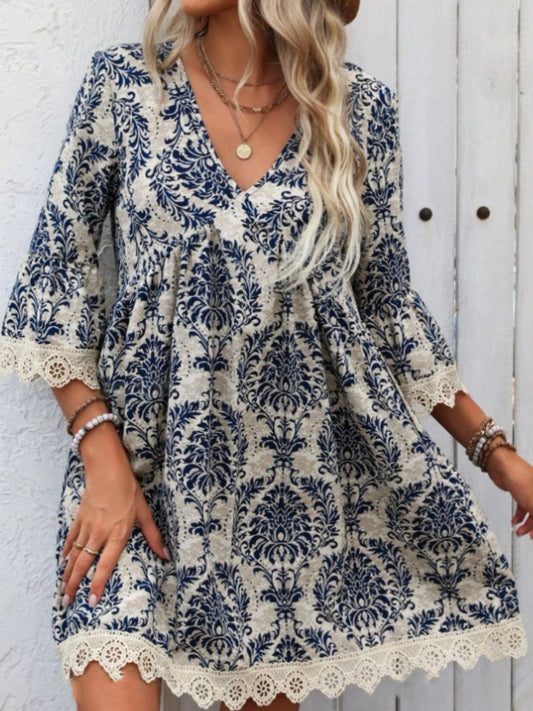 Lace Detail Printed V-Neck Mini Dress-TOPS / DRESSES-[Adult]-[Female]-Navy-S-2022 Online Blue Zone Planet