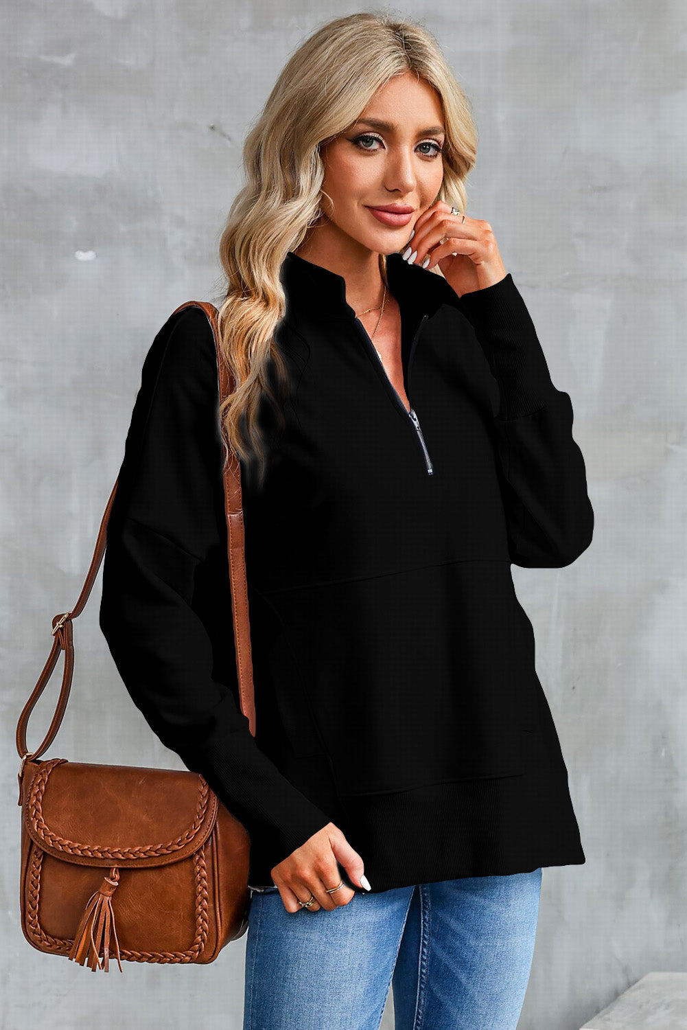 Half Zip Pocketed Dropped Shoulder Sweatshirt-TOPS / DRESSES-[Adult]-[Female]-2022 Online Blue Zone Planet