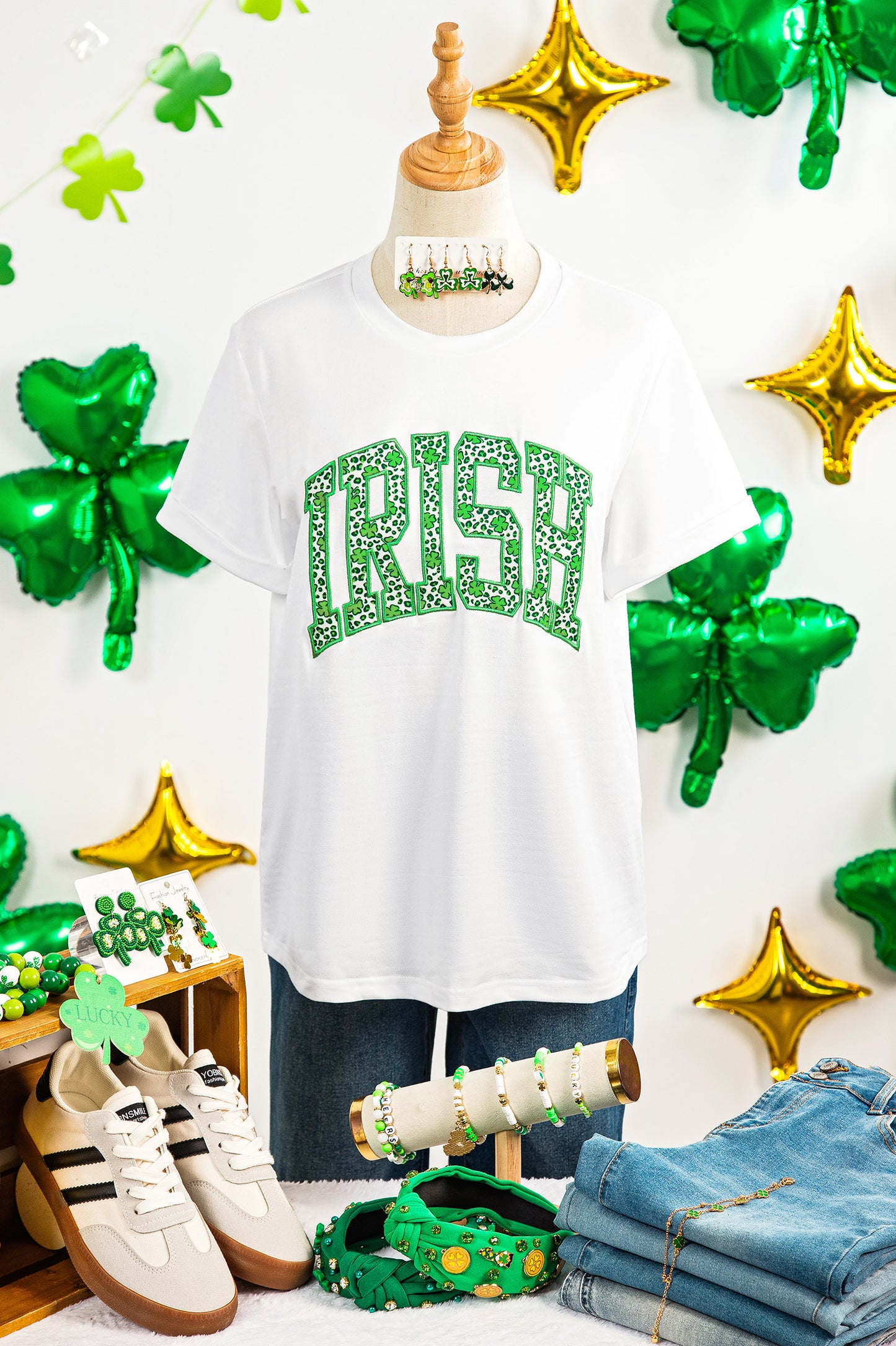 White Irish Leopard Clover Embroidered Patch Graphic Tee-Graphic Tees-[Adult]-[Female]-2022 Online Blue Zone Planet