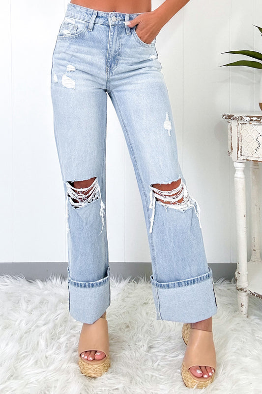 Beau Blue Light Wash Distressed Straight Jeans-Bottoms/Jeans-[Adult]-[Female]-Beau Blue-6-2022 Online Blue Zone Planet