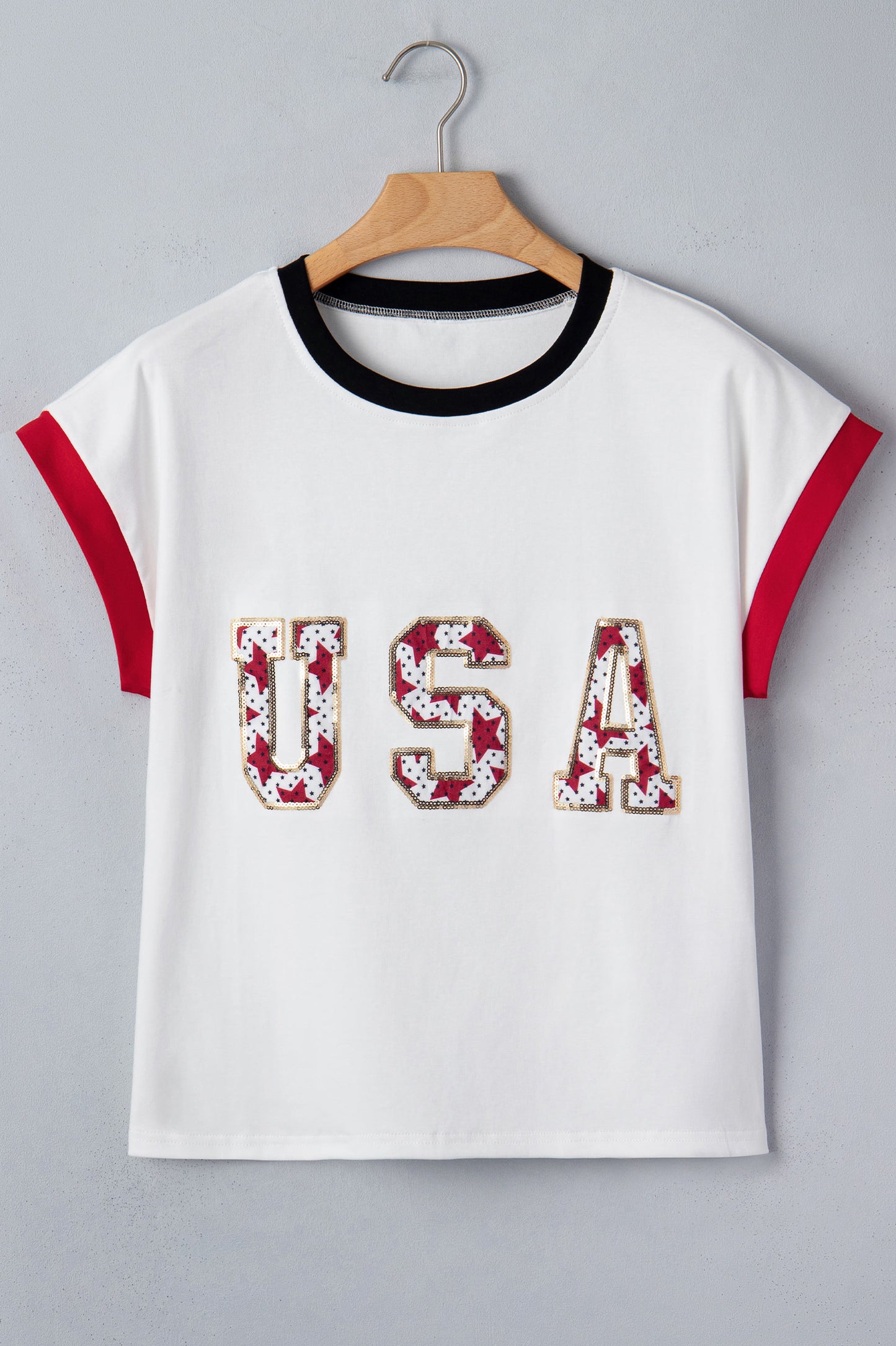 White Usa Sequin Color Block Trim Loose T Shirt-Tops/Tops & Tees-[Adult]-[Female]-2022 Online Blue Zone Planet
