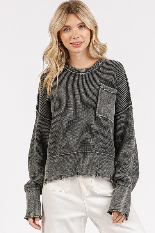 Mittoshop Distressed Hem Round Neck Dropped Shoulder Sweater-TOPS / DRESSES-[Adult]-[Female]-Dark Gray-S-2022 Online Blue Zone Planet