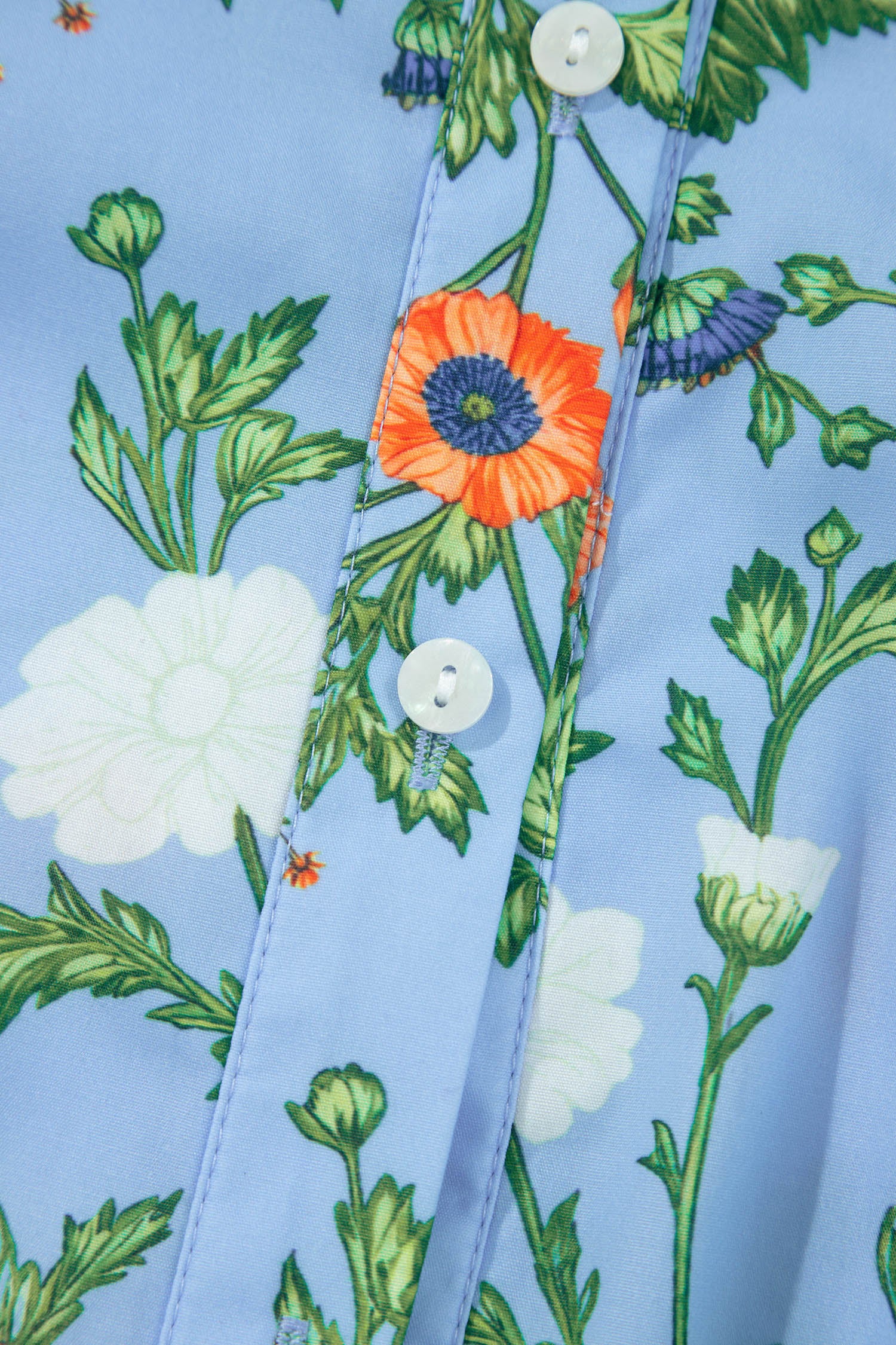 Sky Blue Floral Print Bracelet Sleeve Button Down Casual Shirt-Bracelet-[Adult]-[Female]-2022 Online Blue Zone Planet