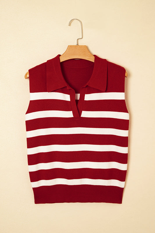 Red Stripe Collared Split Neck Sweater Vest-TOPS / DRESSES-[Adult]-[Female]-2022 Online Blue Zone Planet