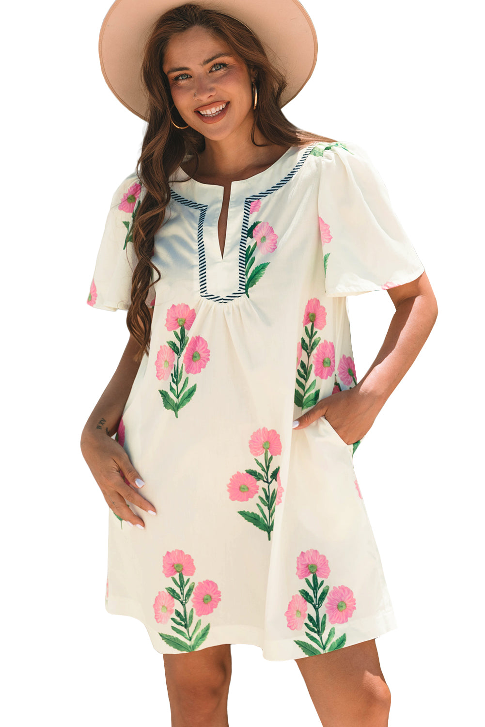 Apricot Floral Short Sleeve Split Neck Loose Mini Dress-TOPS / DRESSES-[Adult]-[Female]-2022 Online Blue Zone Planet