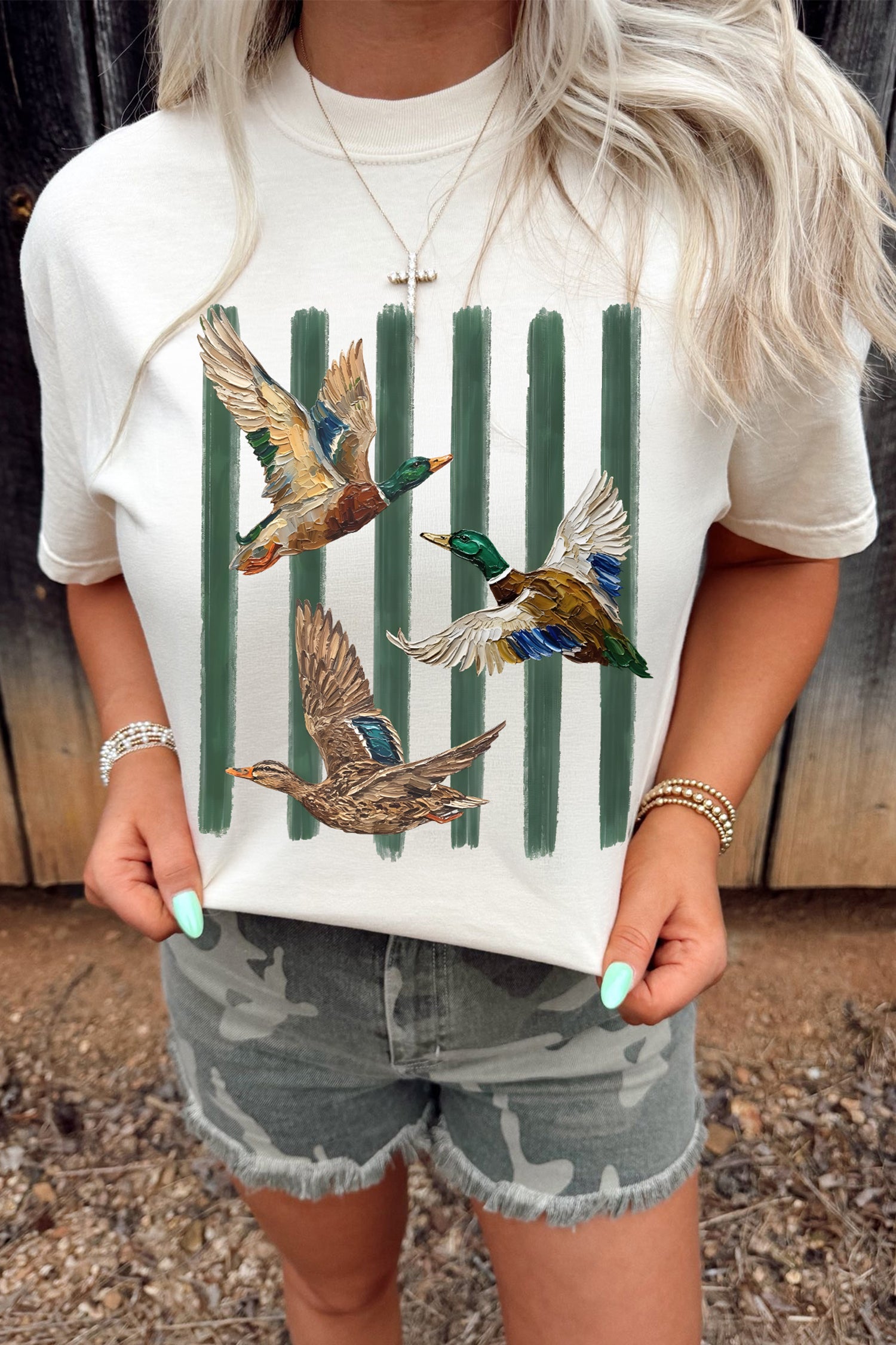 White Western Mallard Stripes Printed Graphic Round Neck Casual Tee-Graphic/Graphic Tees-[Adult]-[Female]-White-S-2022 Online Blue Zone Planet