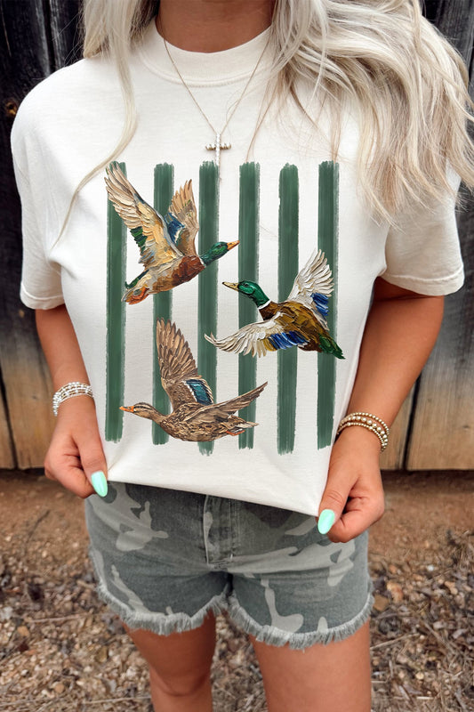 White Western Mallard Stripes Printed Graphic Round Neck Casual Tee-Graphic/Graphic Tees-[Adult]-[Female]-White-S-2022 Online Blue Zone Planet